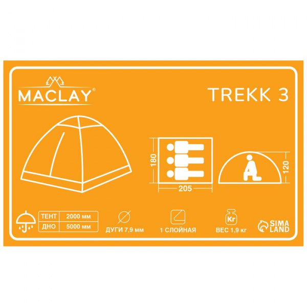 Палатка треккинговая TREKK 3, р. 205 х 180 х 120 см, 3-местная / 9257707